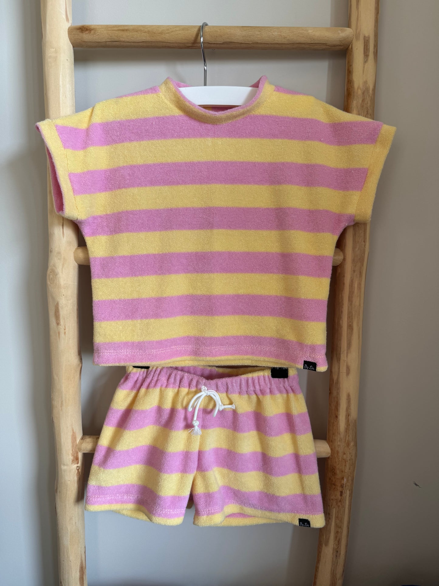 Badstof streep roze/ geel